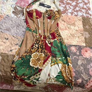 Fashion Nova Tropical Chain Print Mini Dress in Green, Red, Gold, White